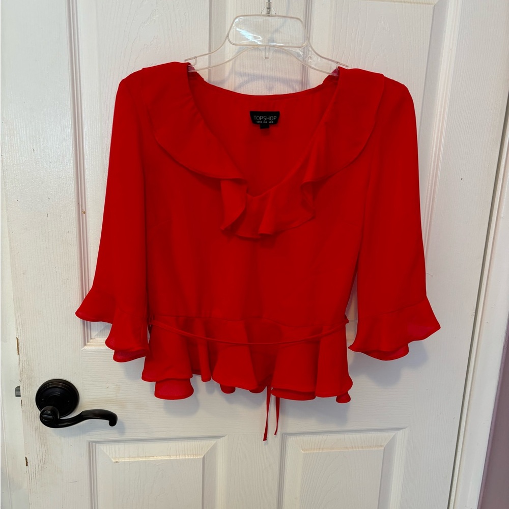 Topshop Red Ruffle Long Sleeve Blouse Size 6